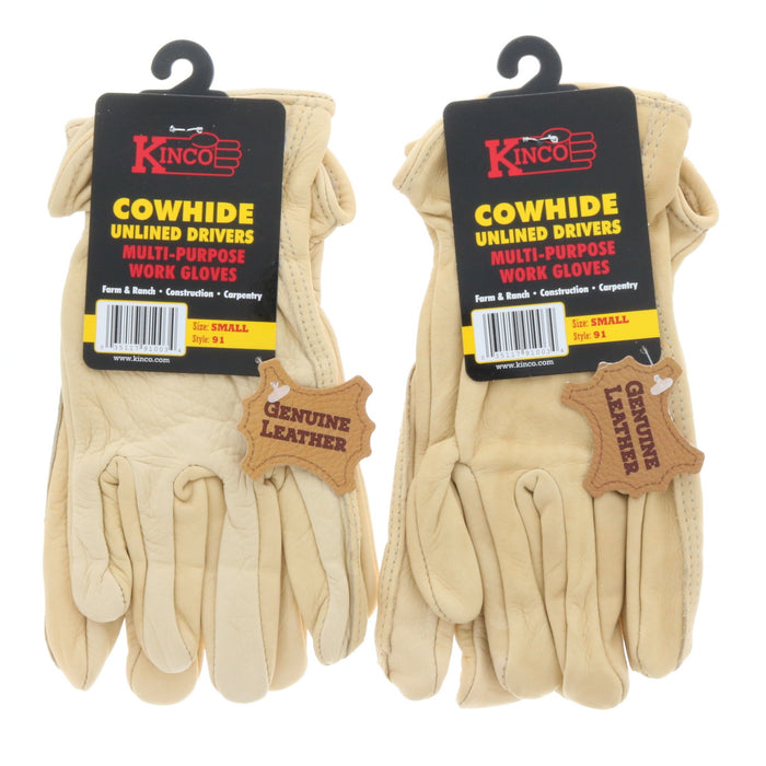 Kinco #91 Cowhide Unlined Drivers Multipurpose Work Gloves Small ~ 2-Pack