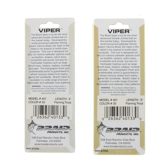 Braid #401 Viper 5" Flaming Trout Lure ~ 2-Pack