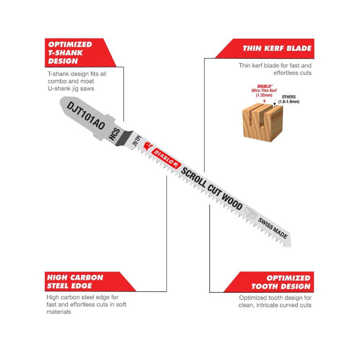 Diablo #DJT101BR5  4 in. High Carbon Steel T-Shank Reverse Cut Wood Jig Saw Blade 10 TPI ~ 3-Pack ~ 15 Blades Total