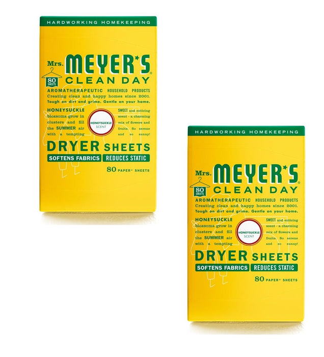 Mrs. Meyer's #70115 Clean Day Honeysuckle Scent Fabric Softener Sheets ~ 2-Pack ~ 160 Sheets Total