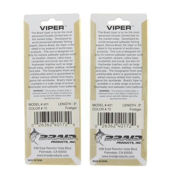 Braid #401 Viper 5" Firetiger Lures ~ 2-Pack