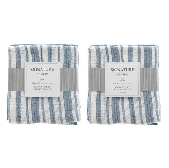 J&M Home Fashions #3535 Newport Stripe Kitchen Towels Blue & White 18"x28" ~ 2-Pack ~ 6 Towels Total