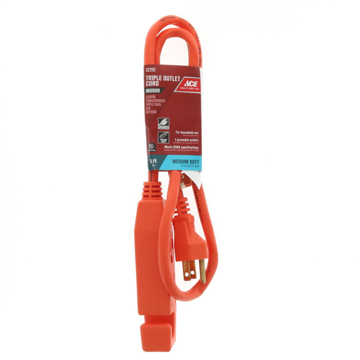 Ace #1IP-002-003FOG Indoor 3 ft. L Orange Triple Outlet Cord 14/3 SJT