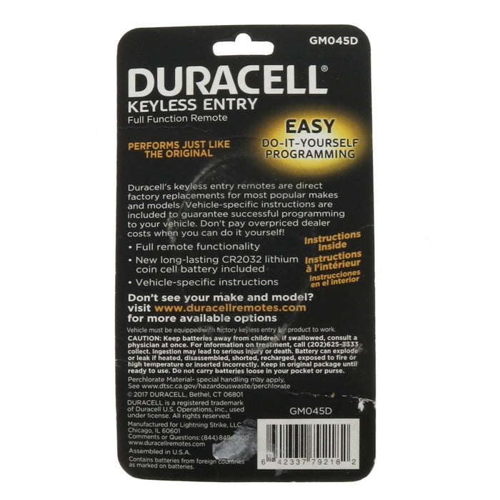 Duracell #GM045D Keyless Entry Full Function Remote Self Programmable