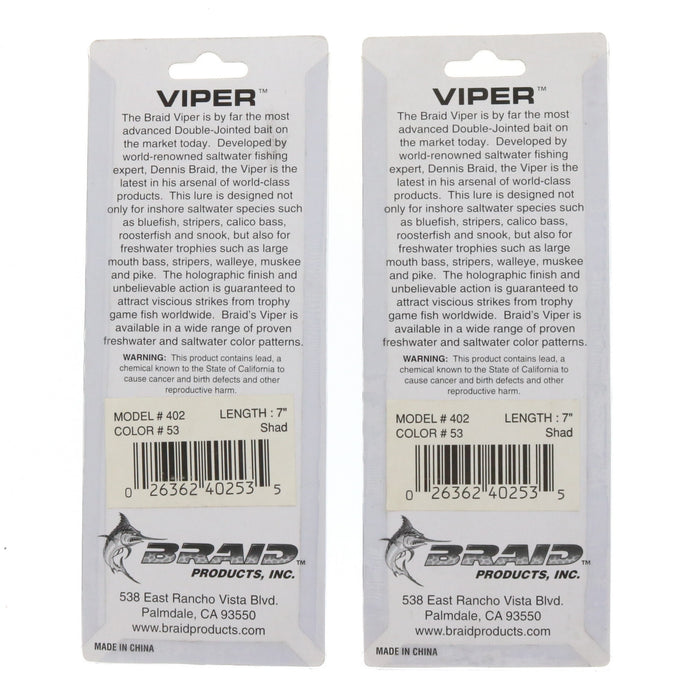 Braid #402 Viper 7" Shad Double Jointed Bait Lure ~ 2-Pack