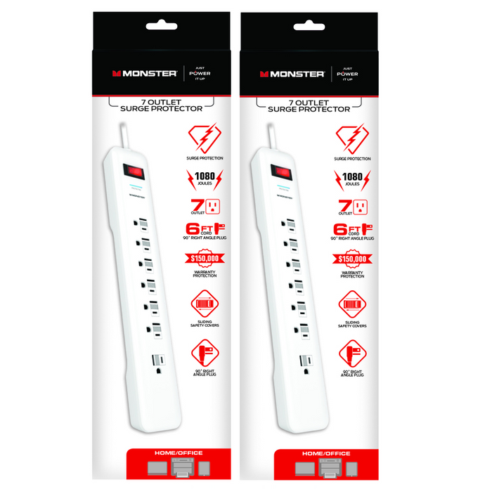 Monster Just Power It #1805 Up 6 ft. Long 7 outlets Surge Protector White 1080 Joules ~ 2-Pack