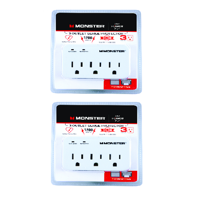 Monster Just Power It Up #1601 3 outlets Surge Protector White 1200 Joules ~ 2-Pack