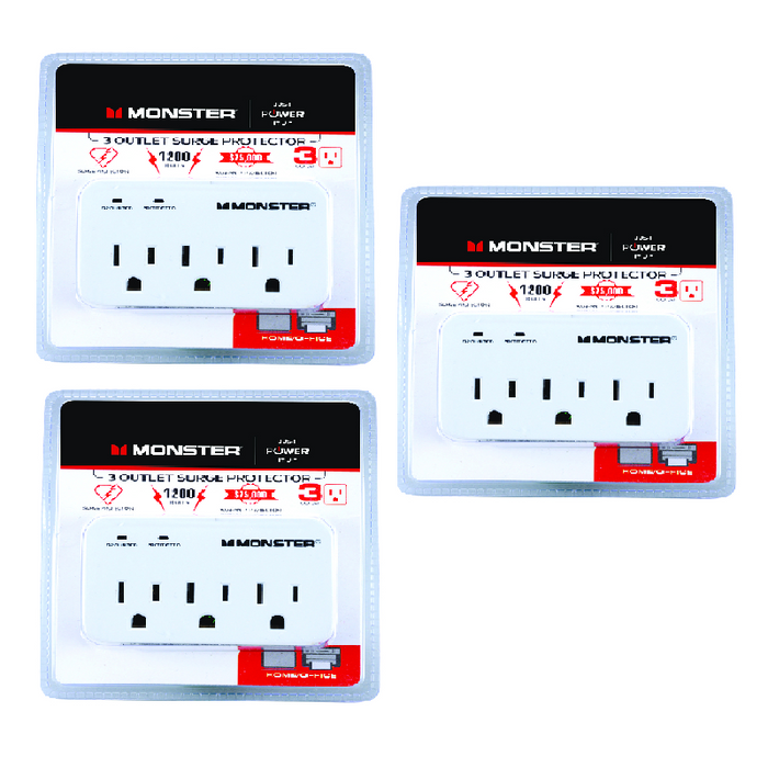 Monster Just Power It Up #1601 3 outlets Surge Protector White 1200 Joules ~ 3-Pack