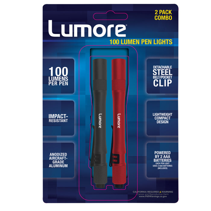 Lumore #6886 100 Lumens Black and Red LED Pen Light ~ 2-Pack Combo