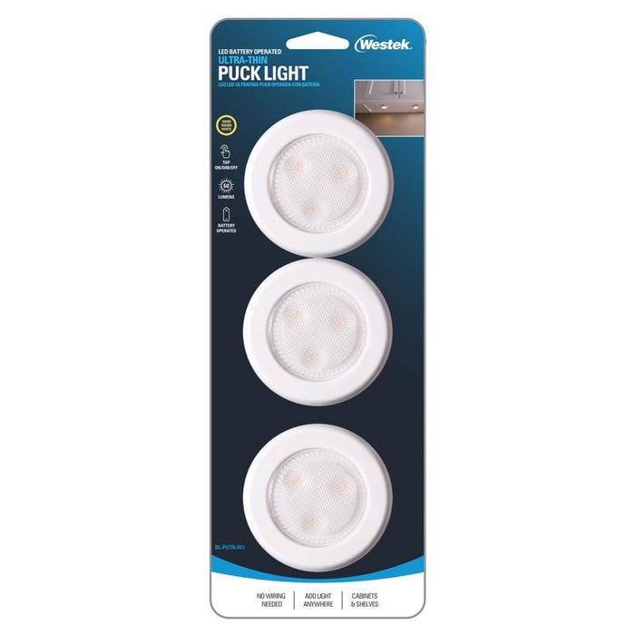 Westek #BL-PUTN-W3 White Battery Powered LED Puck Light 3 pk ~ 2-Pack ~ 6 Total