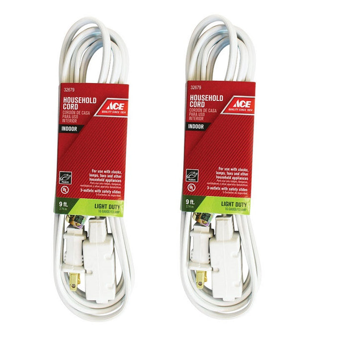 Ace Hardware #32679 Indoor 9 ft. L White Extension Cord  ~ 2-Pack