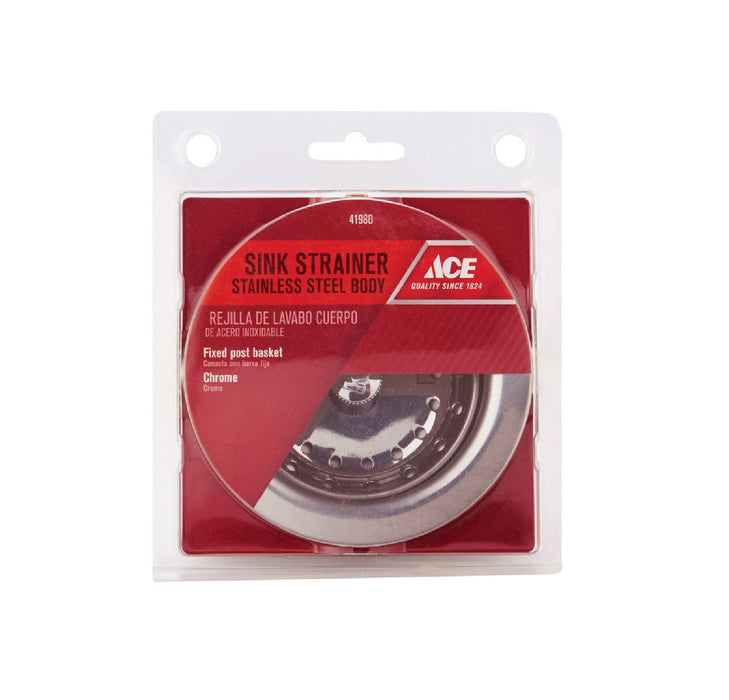 Ace Hardware #ACE8PC Sink Strainer Stainless Steel Body Fixed Post Basket Chrome 3-1/2" Diameter