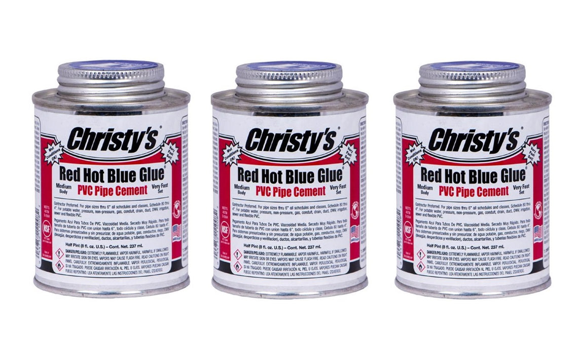 Christy's Red Hot Blue Glue Blue Cement For PVC ~ 3-Pack ~ 24 oz Total