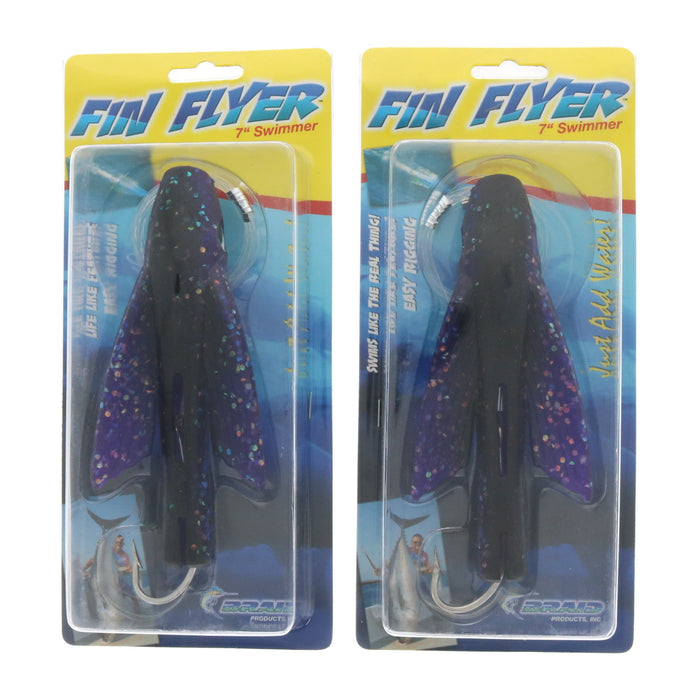 Braid 7" Fin Flyer Swimmer Bait Lure Rigged 9/0 Black Purple ~ 2-Pack