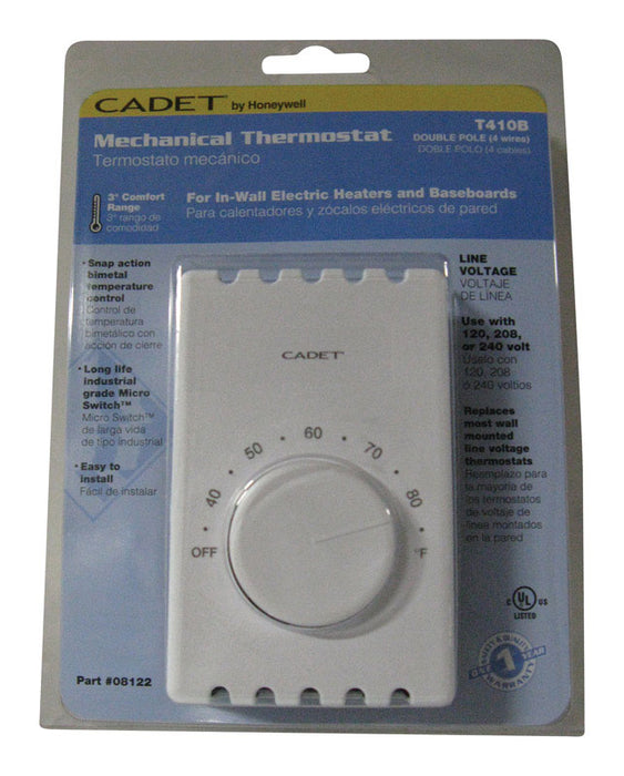 Cadet #08301 Wall Mount Heating Dial Double Pole Line Voltage Thermostat