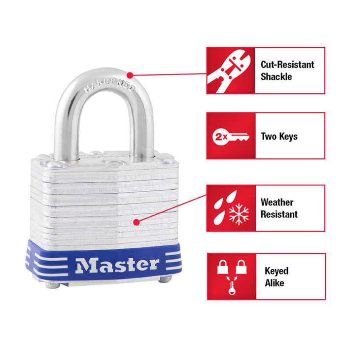 Master Lock #3T 1-5/16 in. H X 1-9/16 in. W Laminated Steel Double Locking Padlock Keyed Alike