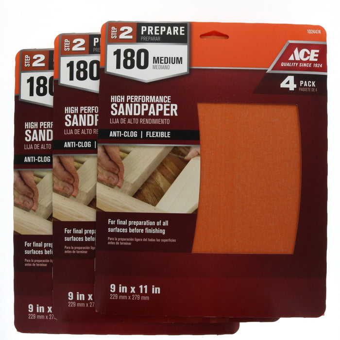 Ace Hardware #1024474 Anti-Clog Sandpaper Sanding Sheets 180 Grit Medium ~ 3-Pack ~ 12 Sheets Total