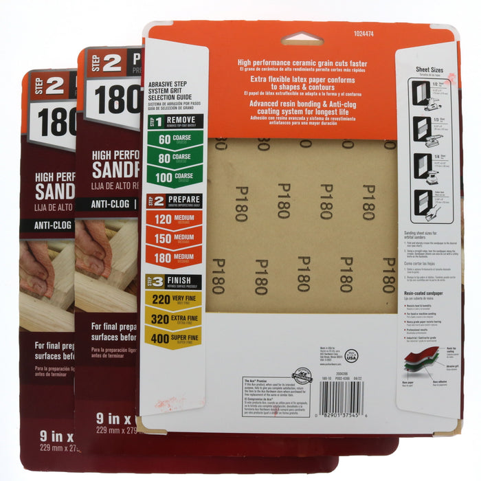 Ace Hardware #1024474 Anti-Clog Sandpaper Sanding Sheets 180 Grit Medium ~ 3-Pack ~ 12 Sheets Total