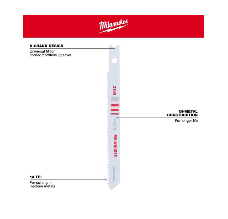 Milwaukee #48-42-2190 3-5/8 in. Bi-Metal U-Shank Metal cutting Jig Saw Blade 14 TPI ~ 3-Pack ~ 15 Jig Saw Blades Total