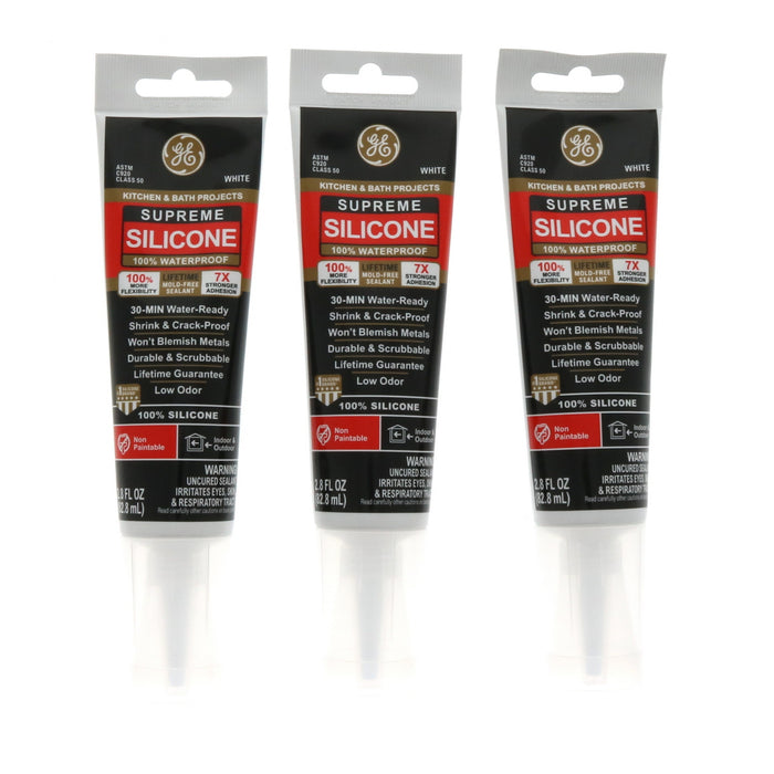 GE Supreme White Supreme Silicone Kitchen and Bath Caulk Sealant 2.8 oz ~ 3-Pack