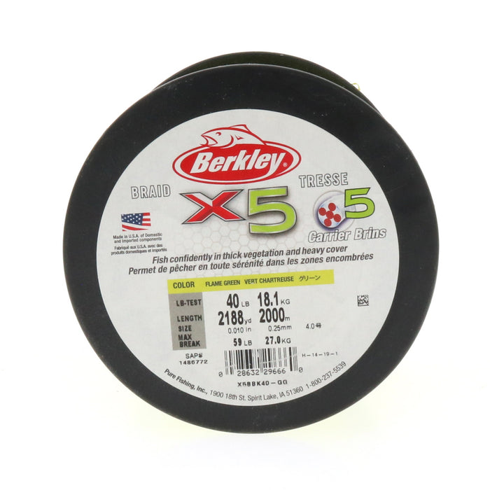 Berkley #X5BBK40-GG  x5 Braided Fishing Line 2188yds 40lbs Flame Green