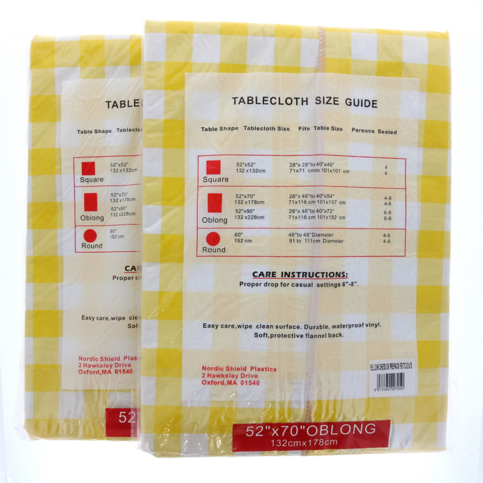 Nordic Shield Vinyl Extra Heavy Weight Flannel Back Tablecloth Yellow Checkered 52"x70" Oblong ~ 2-Pack