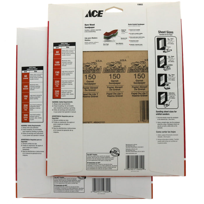 Ace Hardware #19802 Bare Wood 9 In. x 11 In. 150 Grit Fine Sandpaper ~ 2-Pack ~ 10 Sheets Total