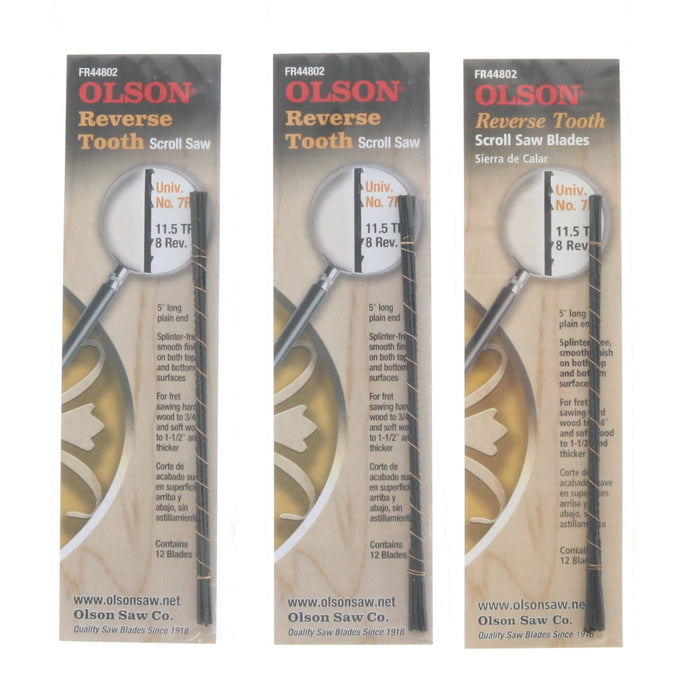 Olson #44802 Reverse Tooth Scroll Saw Blades 11.5 TPI ~ 3-Pack ~ 36 Blades Total