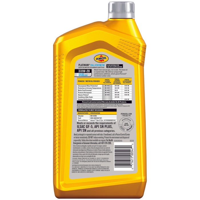 Pennzoil #550036541 Platinum 0W-20 4-Cycle Synthetic Motor Oil 1 qt ~ 6-Pack