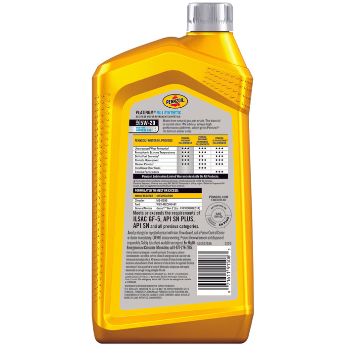 Pennzoil #550022686 Platinum 5W-20 4-Cycle Synthetic Motor Oil 1 qt ~ 6-Pack