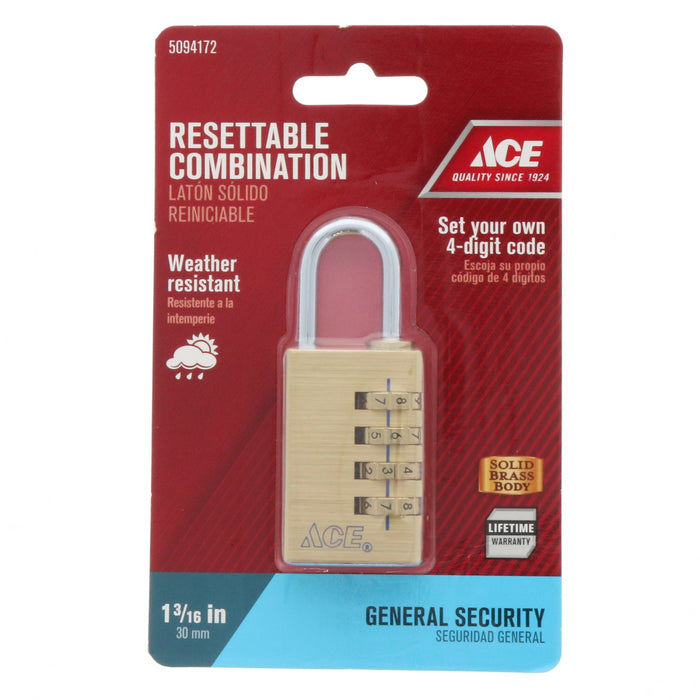 Ace #381-30051 1-7/8 in. High X 1-1/4 in. Wide X 1/2 in. Long Brass 4-Dial Combination Padlock