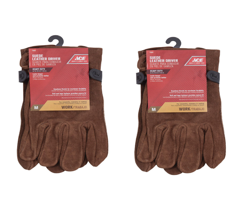 Ace #1004M-ACE M Suede Cowhide Driver Brown Gloves ~ 2-Pack