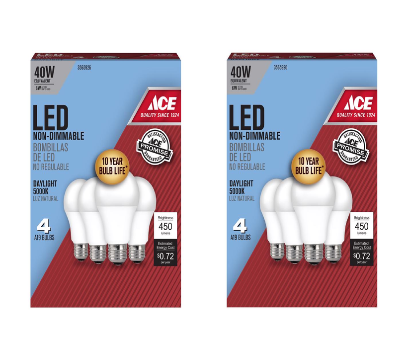 Ace #A45085010KLED4 A19 E26 (Medium) LED Bulb Daylight 40 Watt Equivalence 4 pk ~ 2-Pack ~ 8 Total