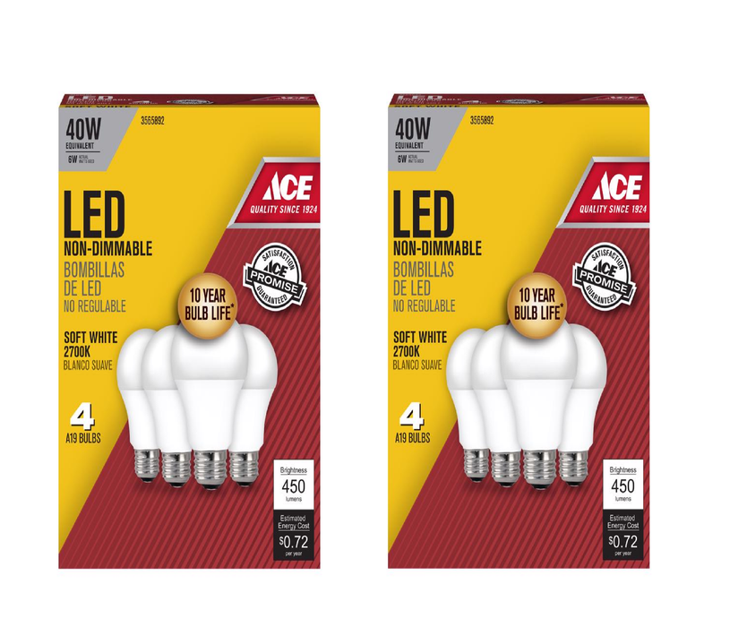 Ace #A45082710KLED4 A19 E26 (Medium) LED Bulb Soft White 40 Watt Equivalence 4 pk ~ 2-Pack ~ 8 Total