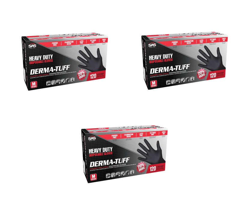 SAS Safety Derma-Tuff Nitrile Disposable Gloves Medium Black Powder Free 120 pk ~ 3-Pack