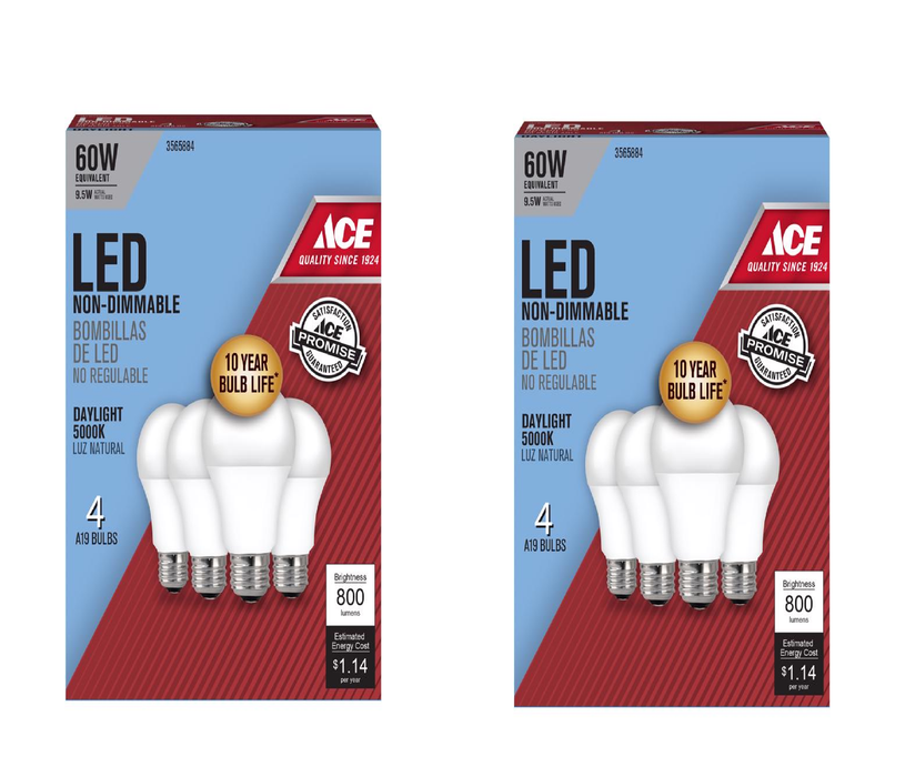 Ace #A80085010KLED4 A19 E26 (Medium) LED Bulb Daylight 60 Watt Equivalence 4 pk ~ 2-Pack ~ 8 Total