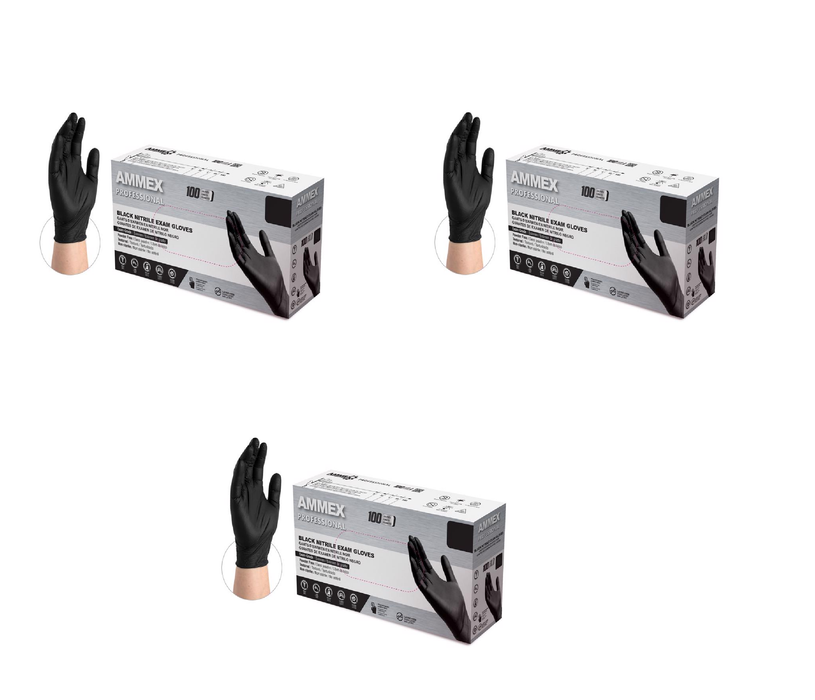 AMMEX #ABNPF44100 Professional Nitrile Disposable Exam Gloves Medium Black Powder Free 100 pk ~ 3-Pack