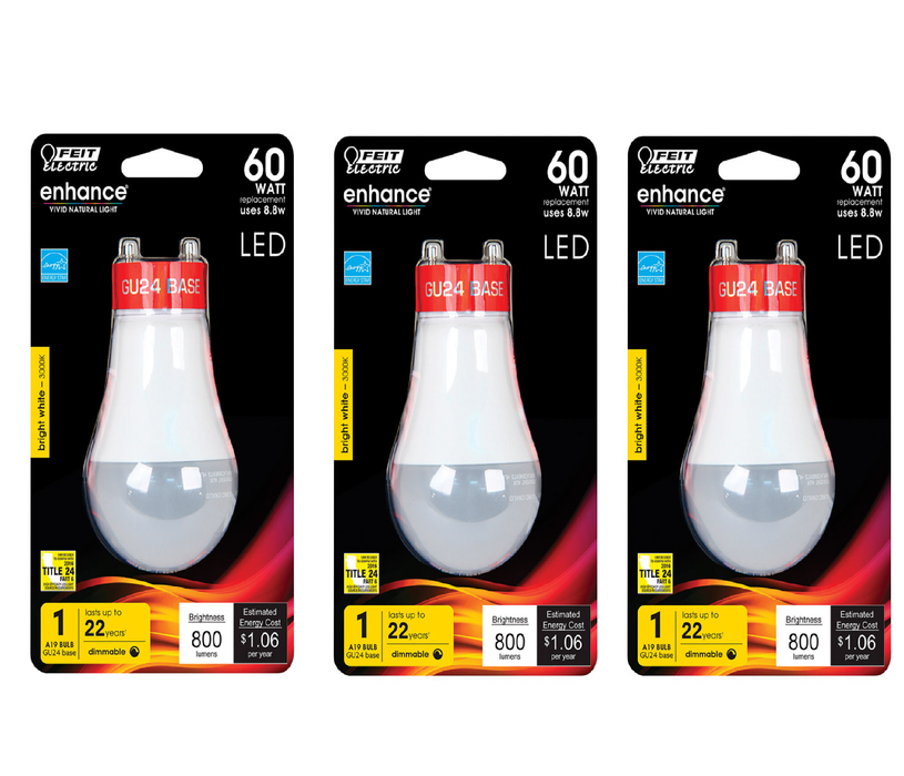 Feit #BPOM60DM930CAGU Enhance A19 GU24 LED Bulb Bright White 60 Watt Equivalence ~ 3-Pack