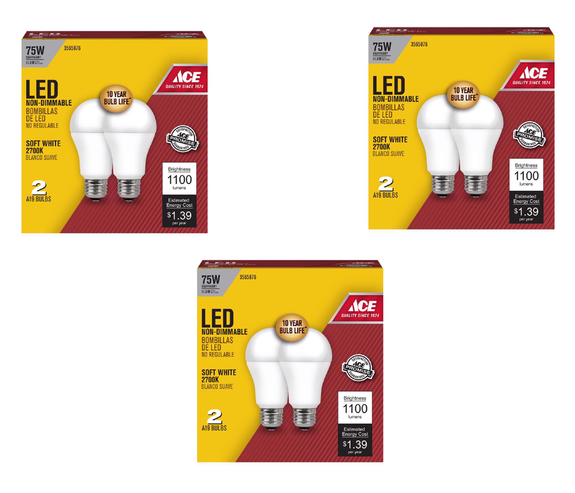 Ace #A110082710KLED2 A19 E26 (Medium) LED Bulb Soft White 75 Watt Equivalence 2 pk ~ 3-Pack ~ 6 Total