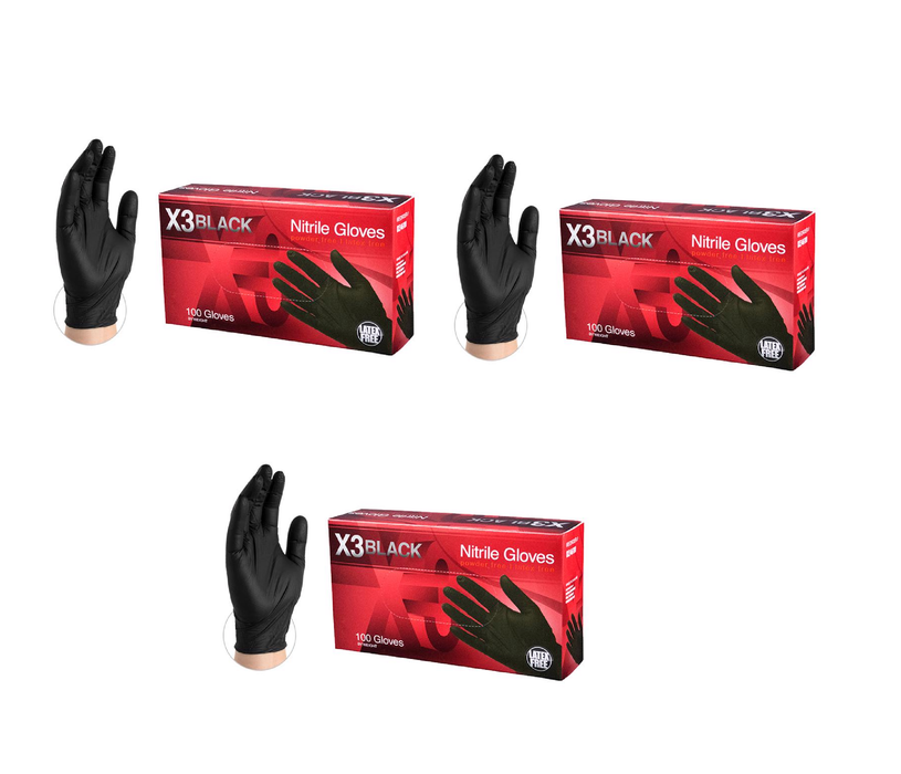 X3 #BX346100 Nitrile Disposable Gloves Large Black Powder Free 100 pk ~ 3-Pack