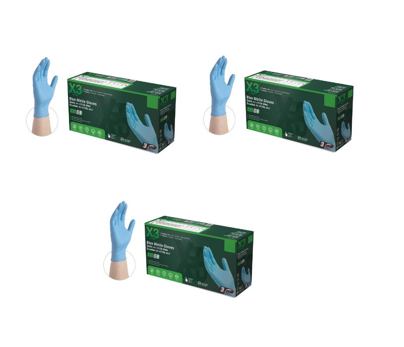 X3 #X349100 Nitrile Disposable Gloves XX-Large Blue Powder Free 100 pk ~ 3-Pack