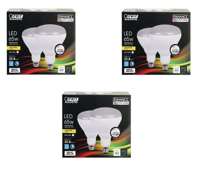 Feit Enhance BR40 E26 (Medium) LED Bulb Soft White 65 Watt Equivalence 2 pk ~ 3-Pack ~ 6 Total