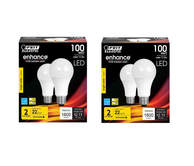 Feit Electric #OM100DM/930CA/2 Enhance A19 E26 (Medium) LED Bulb Bright White 100 Watt Equivalence ~ 2-Pack ~ 4 Total