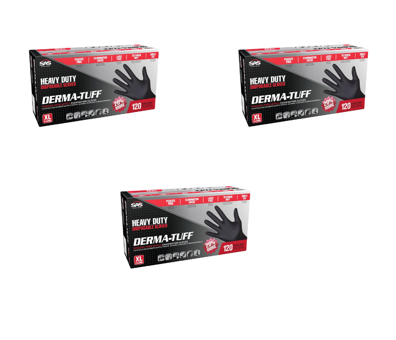 SAS #66584 Safety Derma-Tuff Nitrile Disposable Gloves X-Large Black Powder Free 120 pk ~ 3-Pack