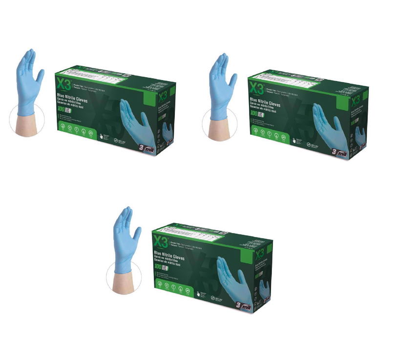 X3 #X346100 Nitrile Disposable Gloves Large Blue Powder Free 100 pk ~ 3-Pack