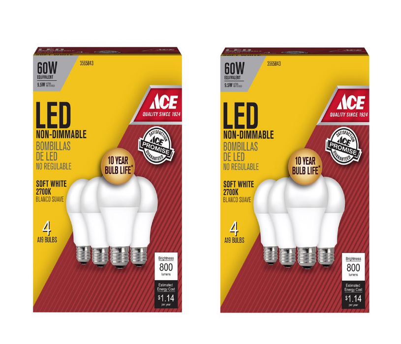 Ace #A80082710KLED4 A19 E26 (Medium) LED Bulb Soft White 60 Watt Equivalence 4 pk ~ 2-Pack ~ 8 Total