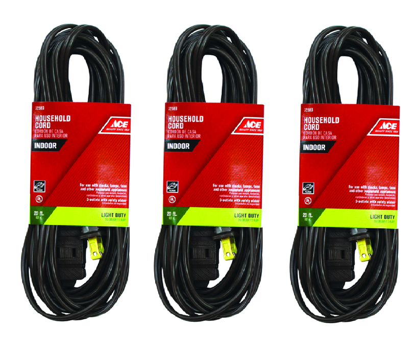 Ace #IN162PT220BR Indoor 20 ft. L Brown Extension Cord 16/2 SPT-2 ~ 3-Pack