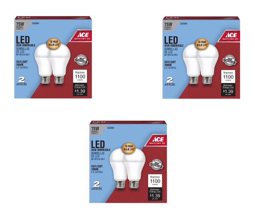 Ace #A110085010KLED2 A19 E26 (Medium) LED Bulb Daylight 75 Watt Equivalence 2 pk ~ 3-Pack ~ 6 Total