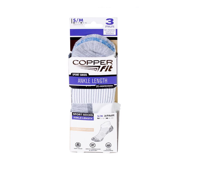 Copper Fit #CFSSWHSM Unisex Sport S/M Ankle Socks White