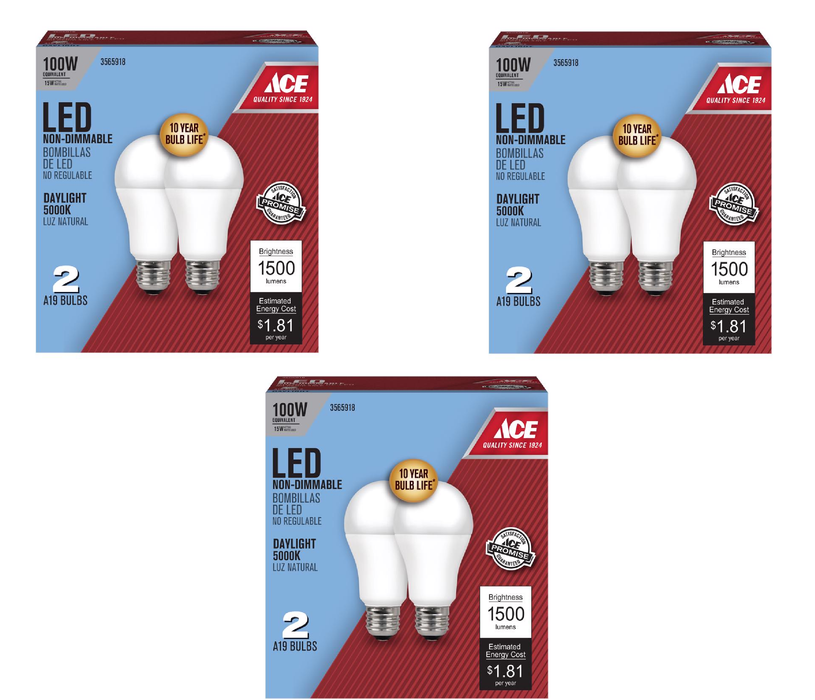 Ace #A160085010KLED2 A19 E26 (Medium) LED Bulb Daylight 100 Watt Equivalence 2 pk ~ 3-Pack ~ 6 Total